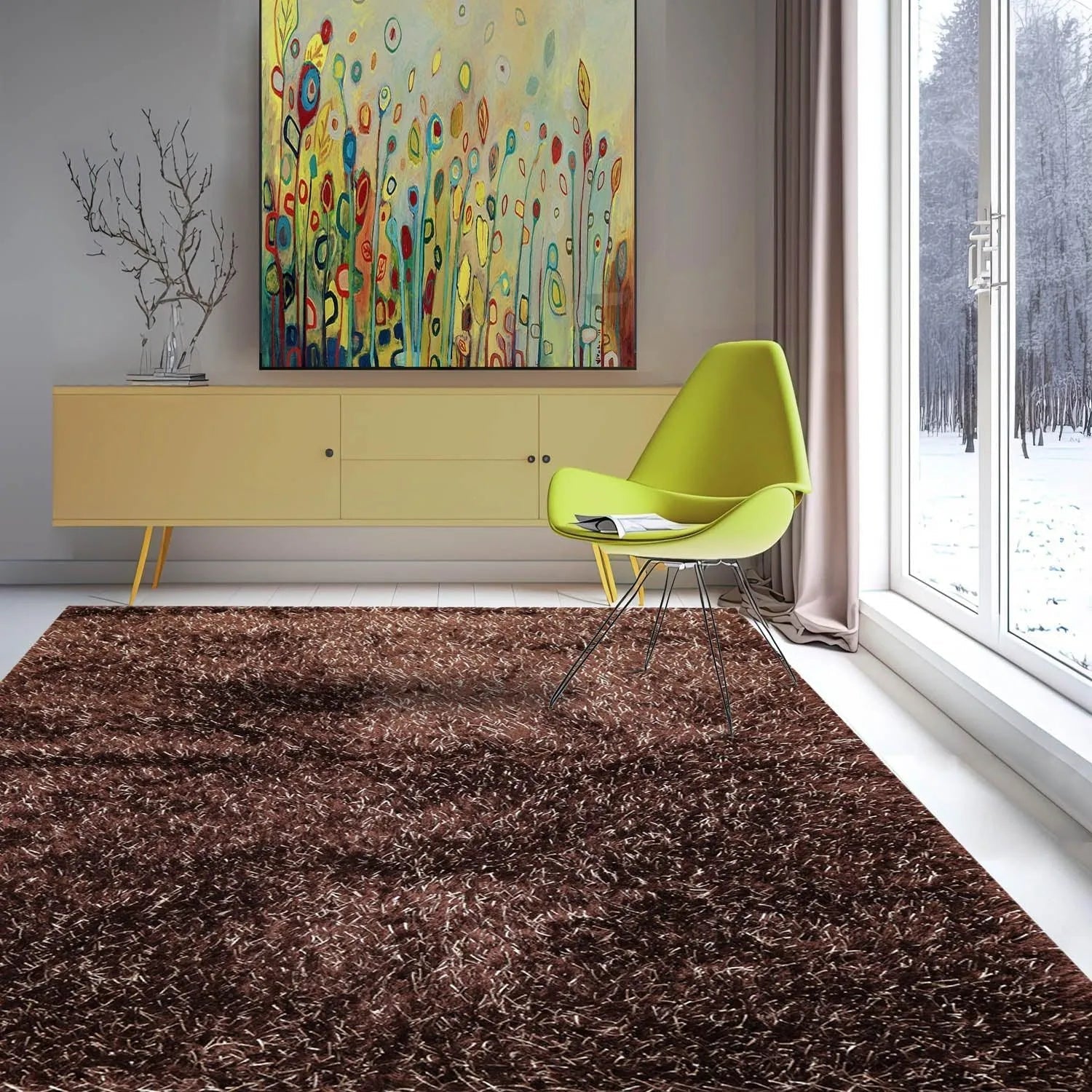 Multi Size Chocolate, White Hand Made Shag Polyester Modern Oriental Area Rug