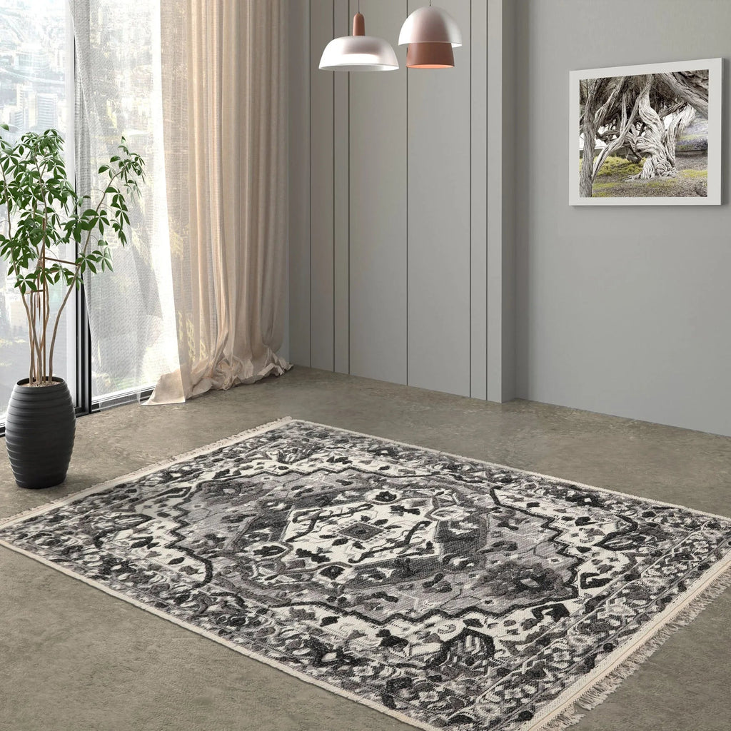 LoomBloom White Oriental Area Rug 5x8 Hand Woven Traditional Kilim Wool
